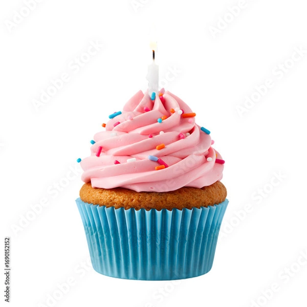 Fototapeta Single Birthday Cupcake with Pink Frosting, Sprinkles, and Lit Candle on Transparent Background - 