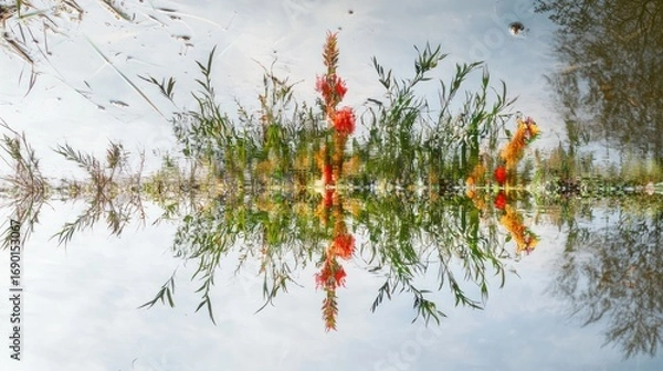 Fototapeta Symmetrical Reflection of Flowers and Grass in Calm Water