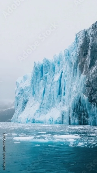 Fototapeta A towering glacier cliff overlooking a sea of ice and water.