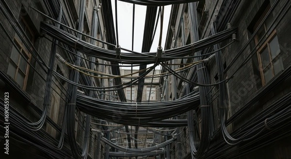 Fototapeta Dense Network of Cables and Wires Between Buildings, Creating an Urban Maze