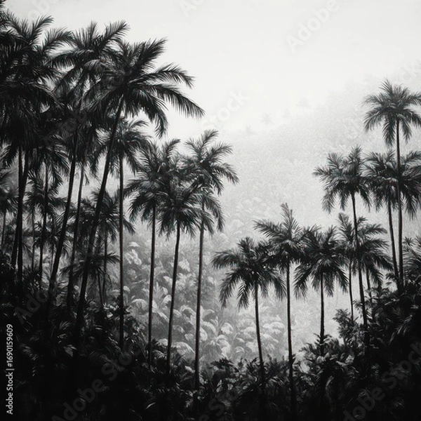 Fototapeta Silhouetted Palm Trees Against a Foggy Sky