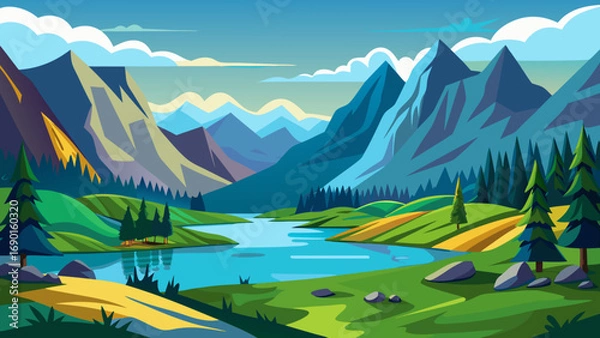 Fototapeta Vector art of vibrant mountain landscape with a tranquil lake and lush green meadows