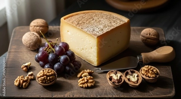 Fototapeta Aged cheese wedge with grapes and walnuts on rustic wooden board