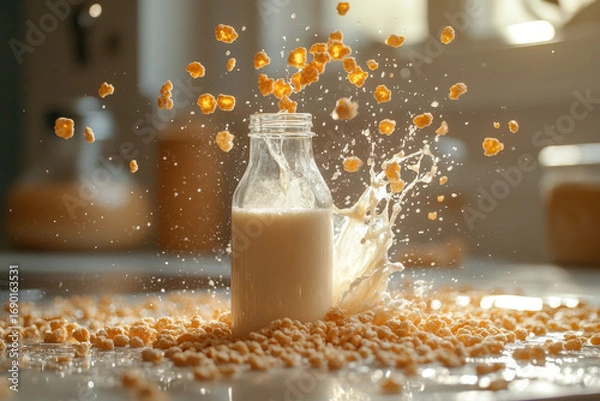 Obraz Glass bottle falling into cereal.