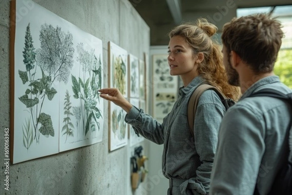 Fototapeta A woman points to botanical illustrations on a wall, explaining them to a man beside her.