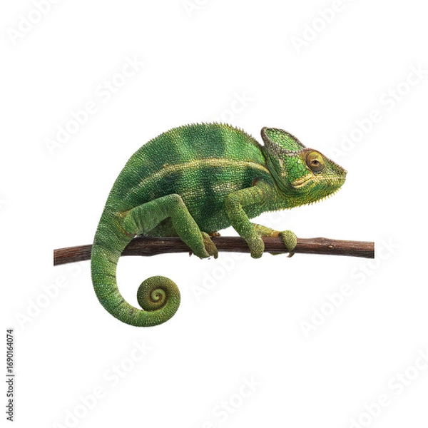 Obraz Vibrant Green Chameleon on Branch, Isolated on Black Background