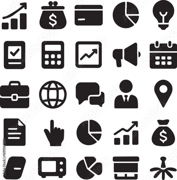 Fototapeta Black business and office silhouette icons with charts, graphs, money, calendar, communication, and teamwork. Ideal for finance apps, presentations, websites, and corporate branding.