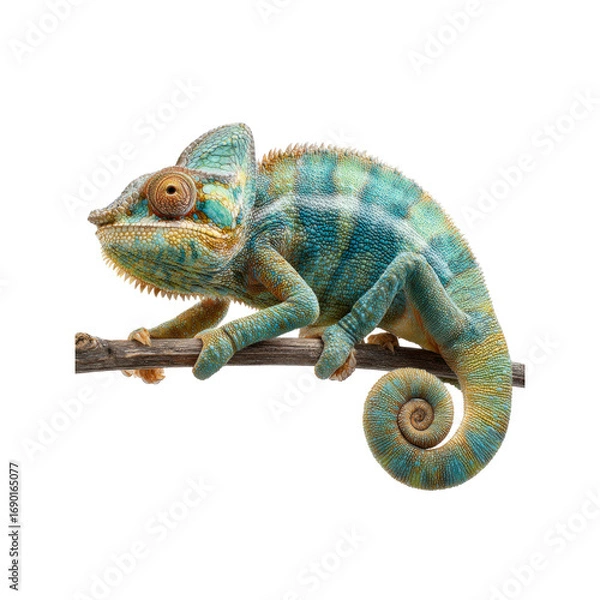 Obraz Vibrant Panther Chameleon on Branch, Isolated on Black