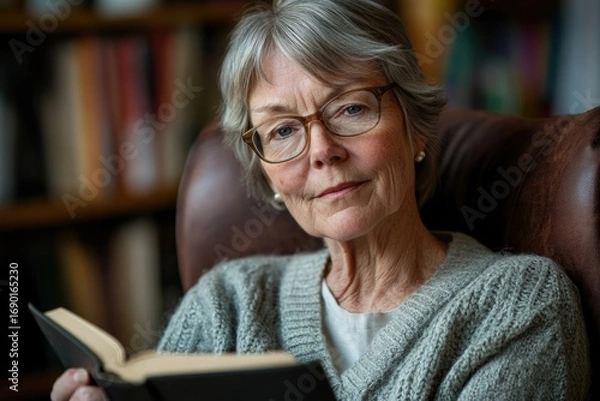 Fototapeta A senior woman with glasses sits in a leather chair, reading a book in a library setting.