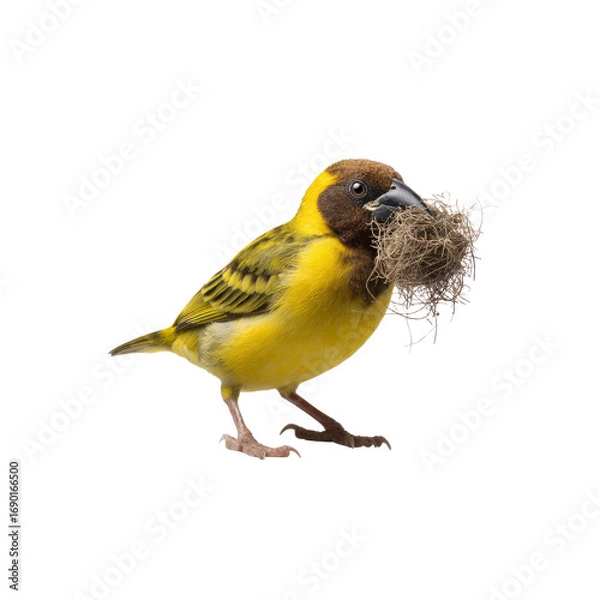 Obraz Yellow Weaver Bird Carrying Nest Material, Isolated on Black Background