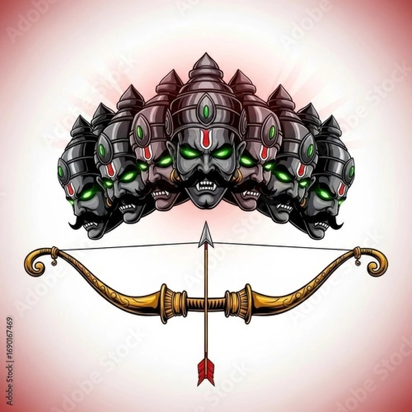 Fototapeta Illustration of ravana with multiple heads and a bow and arrow on a light background