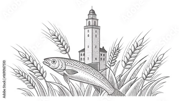 Fototapeta Illustration of a fish in front of a building and wheat stalks.
