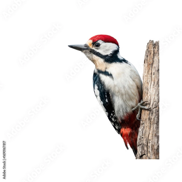 Obraz Great Spotted Woodpecker Perched on a Branch, Isolated on Black Background