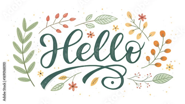 Fototapeta Hand-drawn floral greeting card with the word "Hello" in a stylized font.