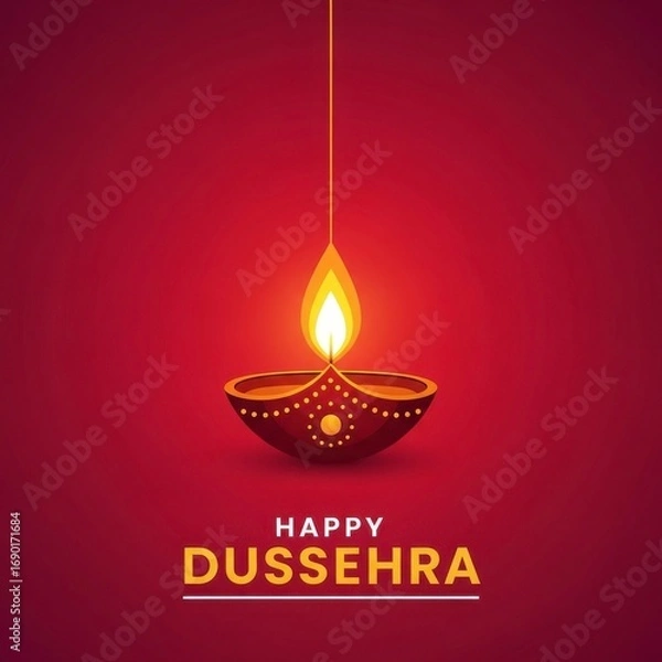 Fototapeta A festive dussehra greeting card featuring a lit diya against a red background art