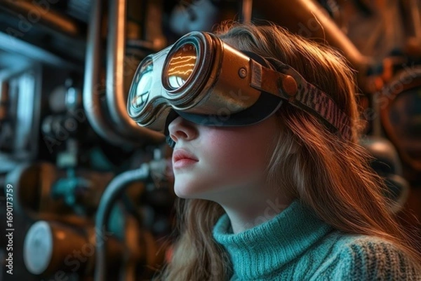Fototapeta A young girl wearing futuristic goggles, exploring a technological environment, captivating and intriguing.