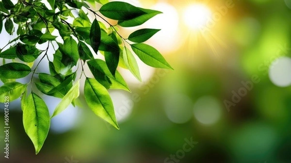 Fototapeta Vibrant green leaves illuminated by sunlight, set against a soft, blurred background. A perfect representation of nature's beauty and tranquility, ideal for eco-friendly themes.