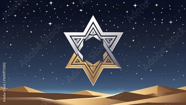 Fototapeta an Islamic star and crescent glowing against a serene desert night sky with vast darkness.