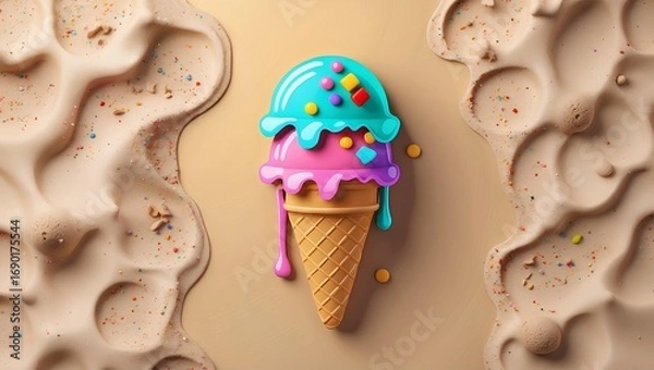 Fototapeta a colorful ice cream cone melting on sand with scoops dripping down