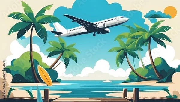 Fototapeta Sleek airplane soars above tropical island with swaying palm trees and surfboard resting near wooden dock in 4k.
