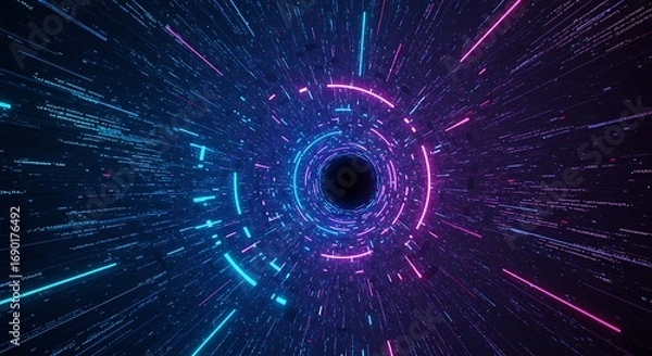 Fototapeta Neon Tunnel with Light Streaks and Dark Center.
