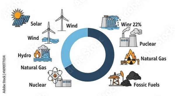 Fototapeta Energy Sources Pie Chart Illustrating Renewable and Non-Renewable Power Generation.