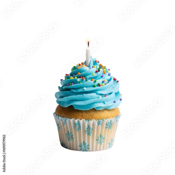 Fototapeta Blue Frosted Birthday Cupcake with Sprinkles and Lit Candle, Isolated on Transparent Background