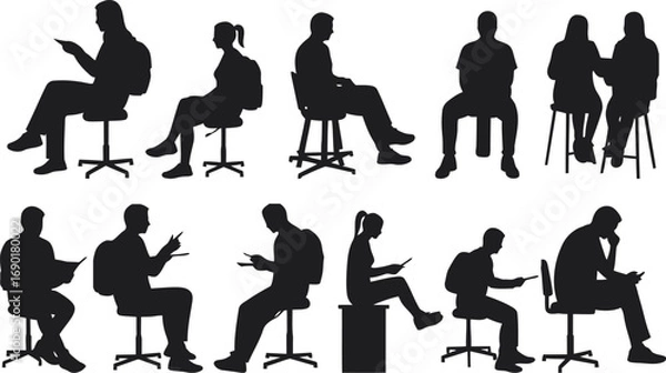 Fototapeta set of people silhouette, people sitting, vector design illustration. Silhouette of a student reading from a textbook vector silhouette