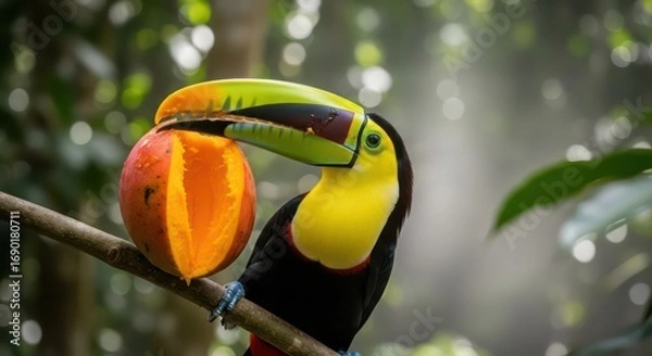 Fototapeta Keel-billed Toucan Feasting on Mango, Perched on Branch in Lush Rainforest