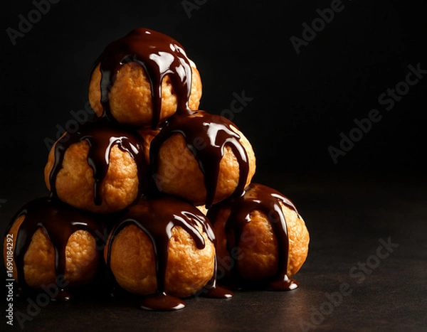 Obraz Stack of Profiteroles or Cream Puffs with Rich Chocolate Drizzle