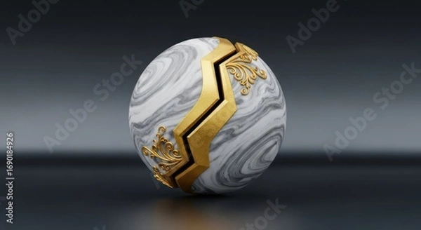 Fototapeta Marble sphere with golden ornate band, abstract design on dark gradient background