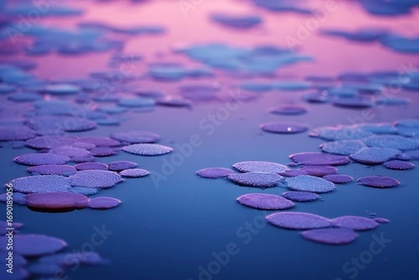Fototapeta Soft ripples beneath jelly pads on still bubblegum river in evening hue