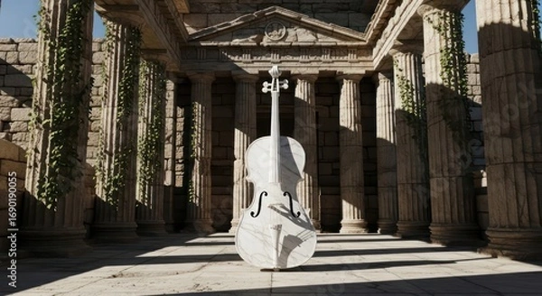 Fototapeta Marble Cello in Ancient Temple Ruins with Ivy-Covered Columns and Strong Shadows