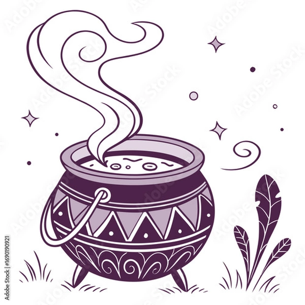 Fototapeta Vector art of a cauldron with purple smoke, with white background