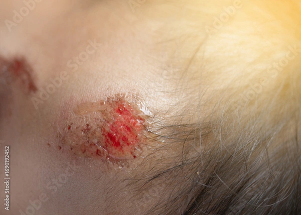 Fototapeta Close-up of a painful wound on the forehead of an Asian child from a deep wound from falling down the stairs. Fresh wound.