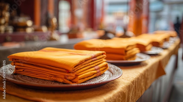 Obraz Kathina Ceremony, close-up of folded saffron robes on offering trays, blurred temple background