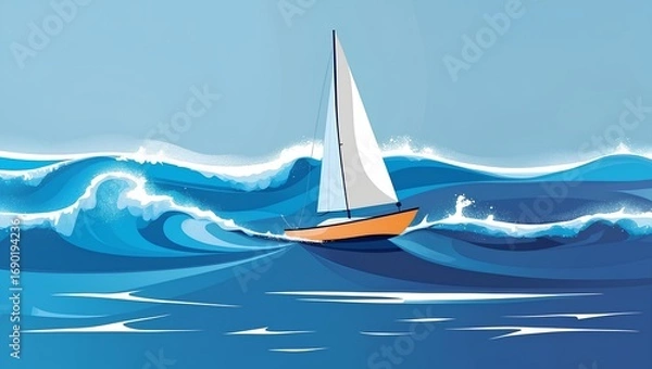 Fototapeta Sleek sailboat cutting through rolling ocean waves with white sail and bold in vibrant blue tones.