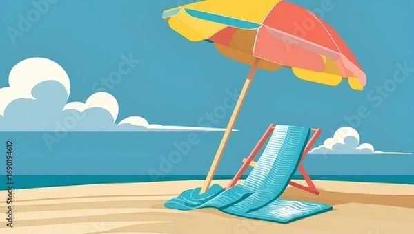 Fototapeta a vibrant beach umbrella with rounded canopy and wooden pole on sandy shore against clear sky.