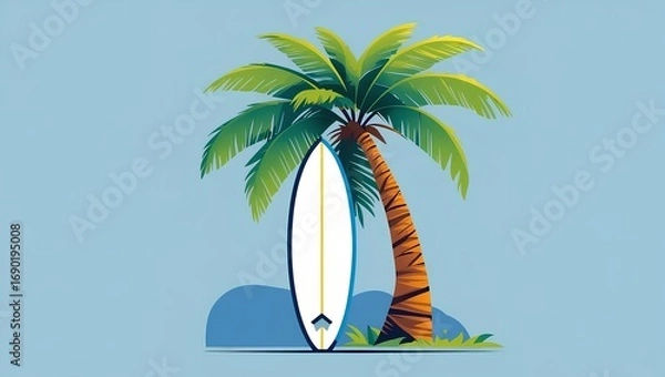 Fototapeta a coconut palm tree with bright green leaves and white surfboard placed beside its brown trunk.