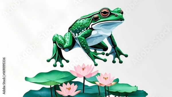 Fototapeta Green frog with detailed texture leaping playfully over large pond lilies adorned with soft pink blossoms.