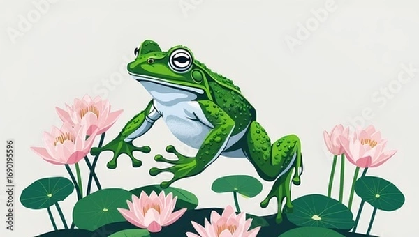 Fototapeta illustration of a frog perched gracefully on floating lily pads with blooming pink lotus flowers.
