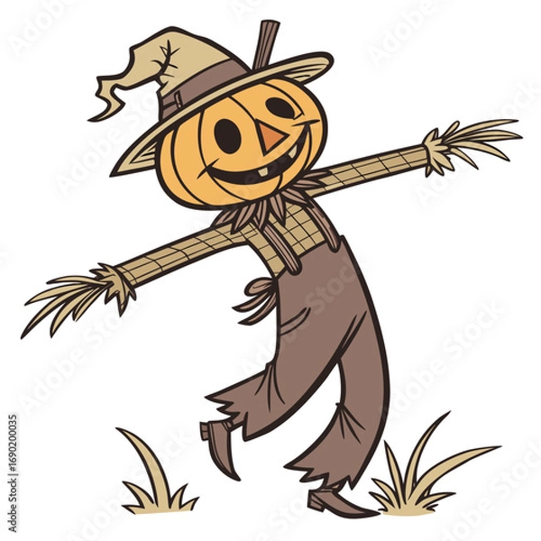 Fototapeta Vector art of a scarecrow pumpkin head, with white background