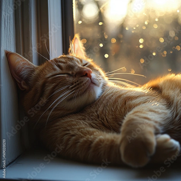 Fototapeta A cat sleeping peacefully on a windowsill.