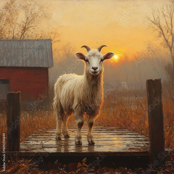 Fototapeta A goat standing on a dock in a painting.