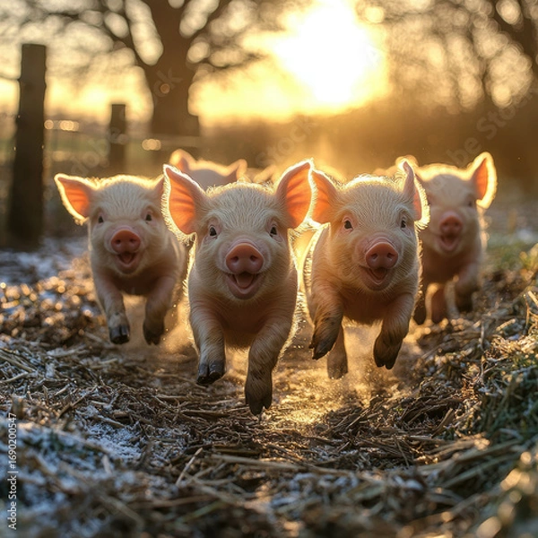 Fototapeta little pigs running through hay.