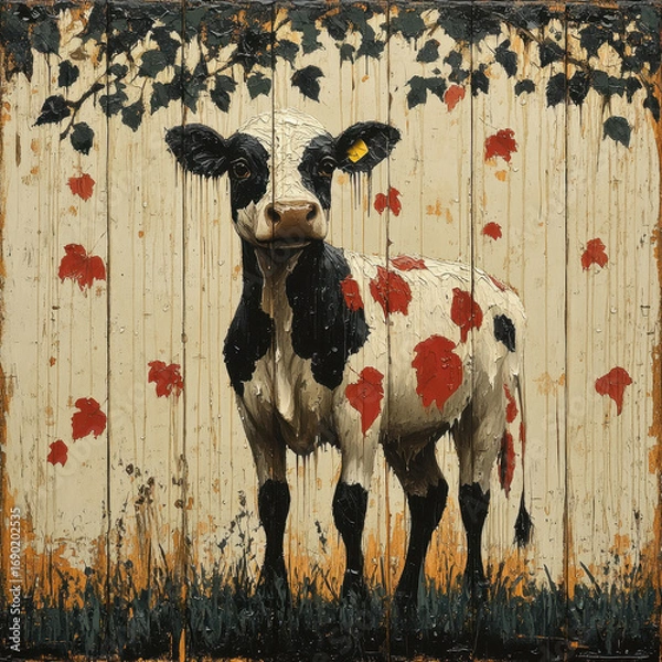 Fototapeta Cow standing in front of a fence in a painting.