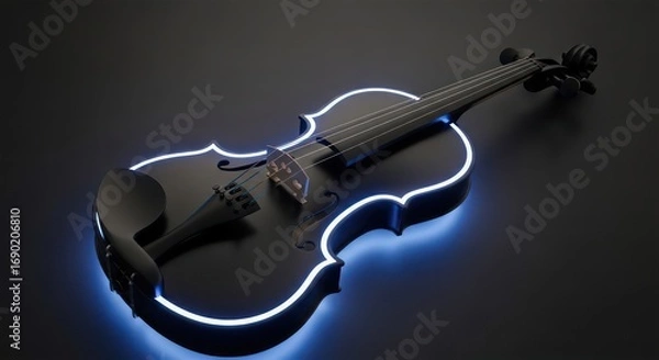 Fototapeta Illuminated Black Violin with Neon Outline on Dark Background, Artistic Musical Instrument.
