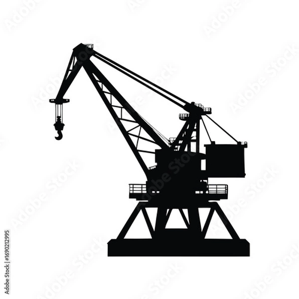 Fototapeta Black silhouette of a large dockside crane against a white background, harbor crane silhouette vector illustration