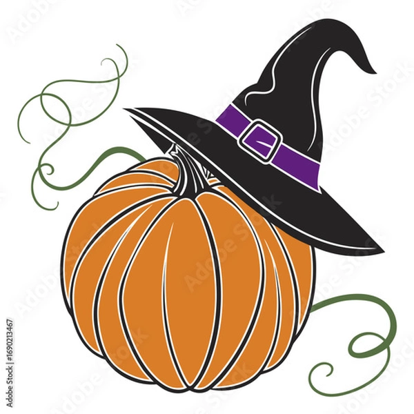 Fototapeta Vector art of a pumpkin with witch hat, with white background