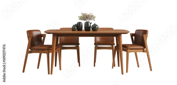 Fototapeta  3d rendering of an elegant dining table with six chairs, showcasing the design and texture of solid wood legs and soft fabric seating in neutral tones, set against a white background for easy decorat